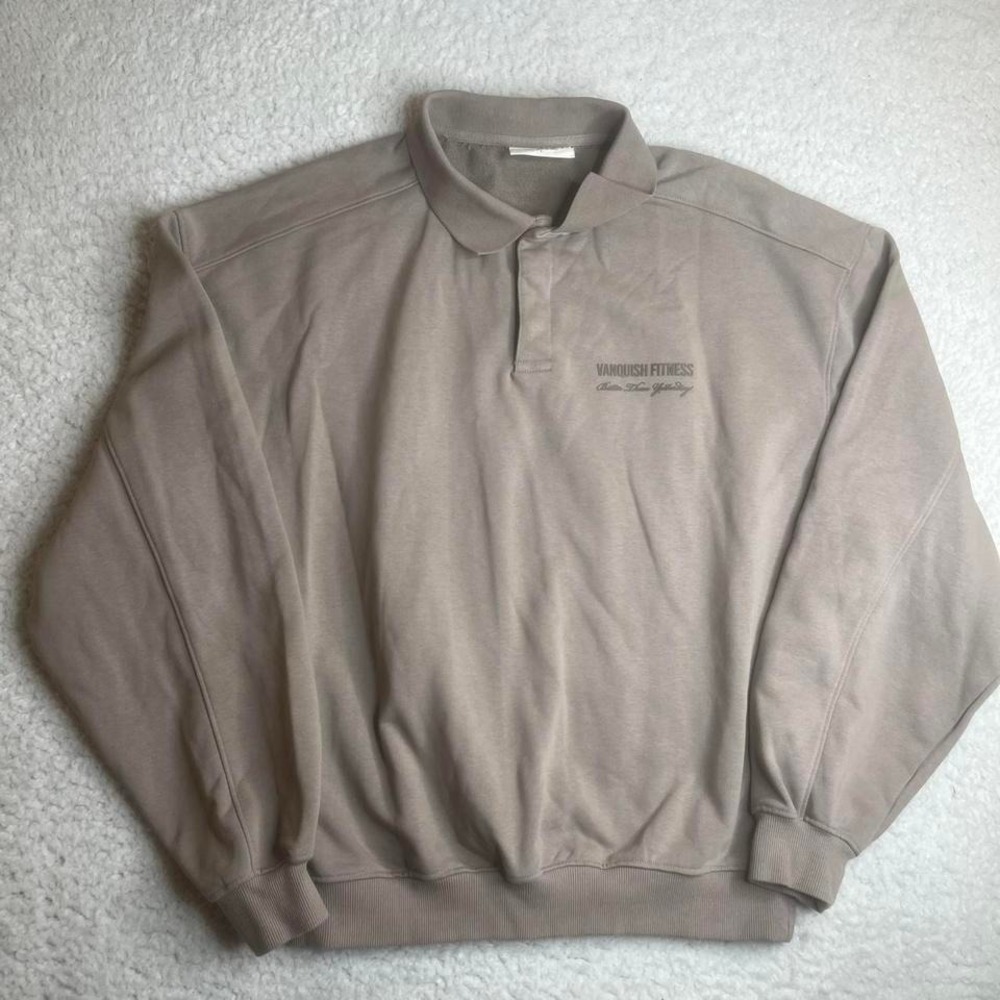 Vanquish Fitness long-sleeve polo shirt beige taupe cotton heavy gym L